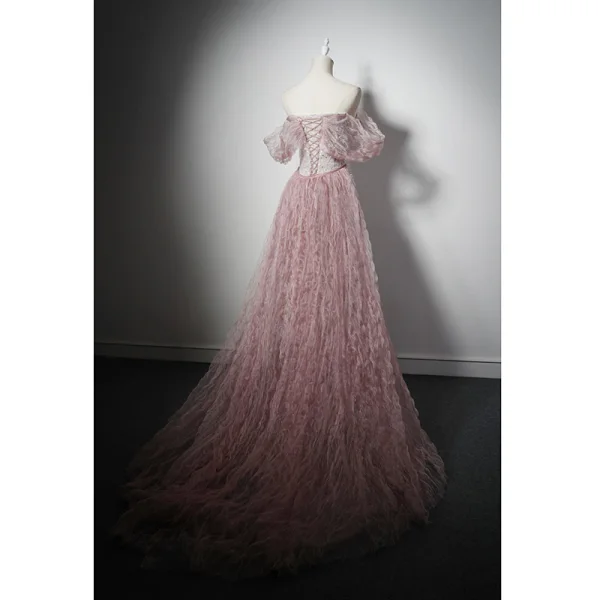 Charmant Gris Rougissant Rose Perlage Faux Diamant Paillettes Robe De Soirée 2022 Trompette / Sirène De l'épaule Manches Courtes Dos Nu Train De Balayage Soirée Robe De Ceremonie