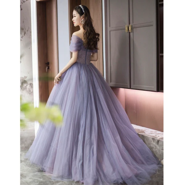 Chic / Beautiful Lavender Beading Pleated Prom Dresses 2023 A-Line / Princess Off-The-Shoulder Short Sleeve Backless Floor-Length / Long Prom Formal Dresses