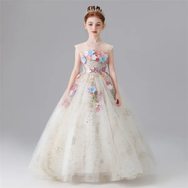 Flower Fairy White Beading Sequins Pearl Lace Flower Appliques Birthday Flower Girl Dresses 2025 Ball Gown Scoop Neck Sleeveless Floor-Length / Long