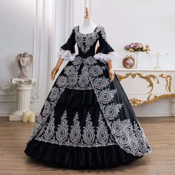 Vintage / Retro Black Lace Flower Prom Dresses 2026 Ball Gown Square Neckline Bell sleeves Backless Floor-Length / Long Formal Dresses