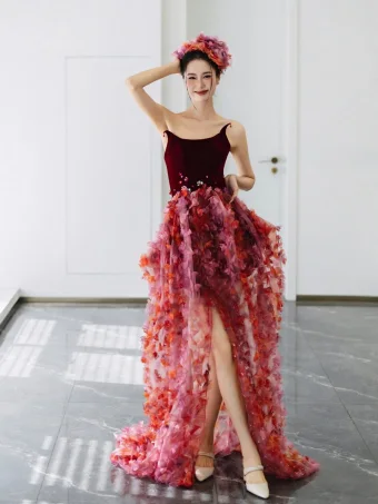Fashion Burgundy Handmade Appliques Sequins Prom Dresses Cocktail Dresses 2024 A Line Princess Strapless Sleeveless Backless Sweep Train Cocktail Party Formal Dresses