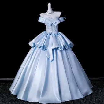 Ethereal Sky Blue Lace Flower Bow Sequins Cascading Ruffles Prom Dresses 2026 Ball Gown Off The Shoulder Sleeveless Backless