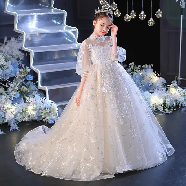 Charming Ivory Prom Flower Girl Dresses 2022 Ball Gown High Neck 1/2 Sleeves Beading Pearl Sequins Floor-Length / Long Flower Girl Dresses