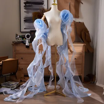 Sexy Sky Blue Ruffle Flower Tulle Evening Party Shawl 2025