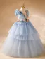 Chic / Beautiful Sky Blue Birthday Sequins Cascading Ruffles Appliques Flower Girl Dresses 2024 Ball Gown Scoop Neck Sleeveless Backless Floor-Length / Long