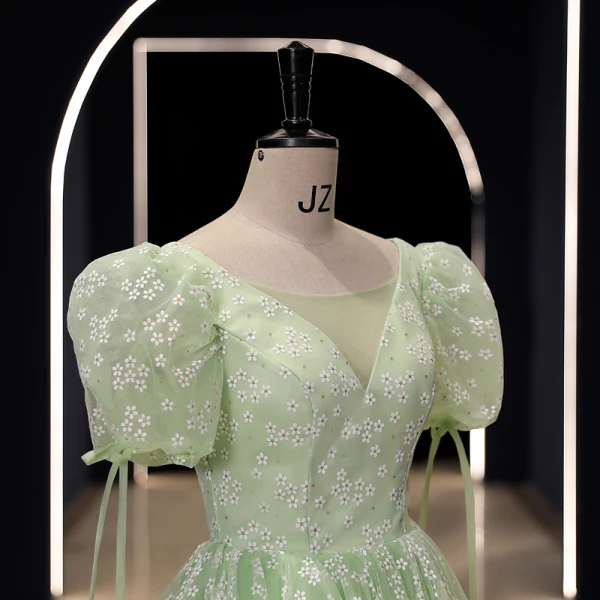 Chic / Beautiful Sage Green Floral Outdoor / Garden Prom Dresses 2023 A-Line / Princess Scoop Neck Short Sleeve Backless Floor-Length / Long Prom Formal Dresses