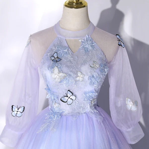 Schöne Himmelblau Spitze Blumen Schmetterling Applikationen Ballkleider 2022 Ballkleid Stehkragen Kurze Ärmel Lange Festliche Kleider