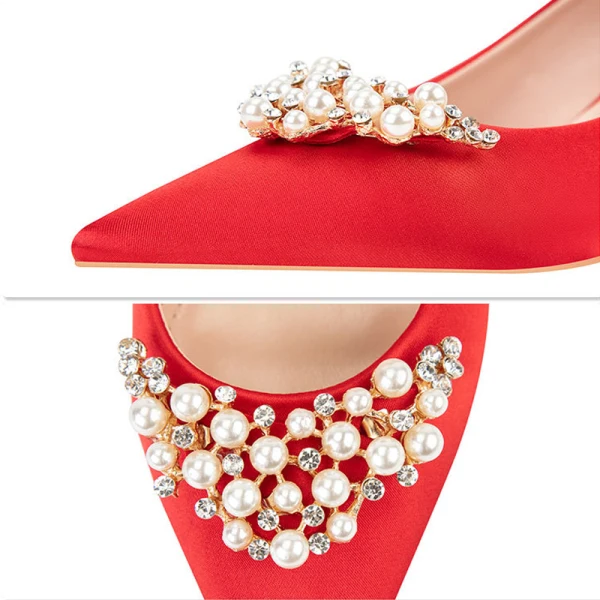 Edles Rot Satin Ball Pumps 2022 Perle Strass 6 cm Stilettos Spitzschuh Pumps Hochhackige