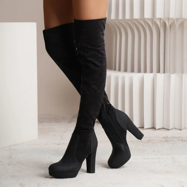 Mode Schwarz Wildleder Strassenmode Kniehohe Stiefel Damen 2024 9 cm Block Absätze Quadratische Zehe Stiefel