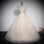 Elegant Champagne Printing Prom Dresses 2023 Ball Gown Square Neckline Short Sleeve Backless Floor-Length / Long Prom Formal Dresses