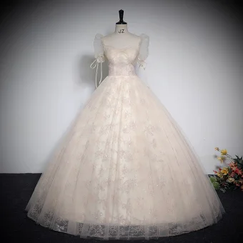 Elegantes Champán Impresión Vestidos De Gala 2023 Ball Gown Escote Cuadrado Manga Corta Sin Espalda Largos Gala Vestidos Formales
