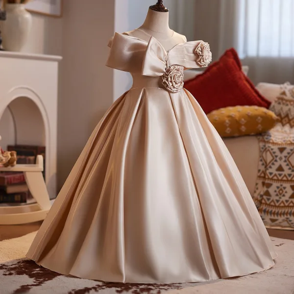 Elegant Champagne Pearl Flower Birthday Flower Girl Dresses 2025 Ball Gown Scoop Neck Short Sleeve Backless Floor-Length / Long