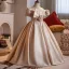 Elegant Champagne Pearl Flower Birthday Flower Girl Dresses 2025 Ball Gown Scoop Neck Short Sleeve Backless Floor-Length / Long