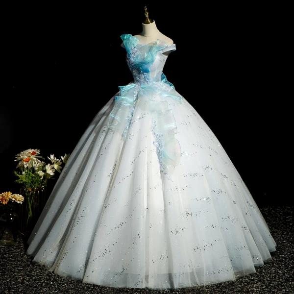 Fashion Sky Blue Beading Sequins Prom Dresses 2023 Ball Gown Ruffle Off-The-Shoulder Sleeveless Backless Floor-Length / Long Prom Formal Dresses