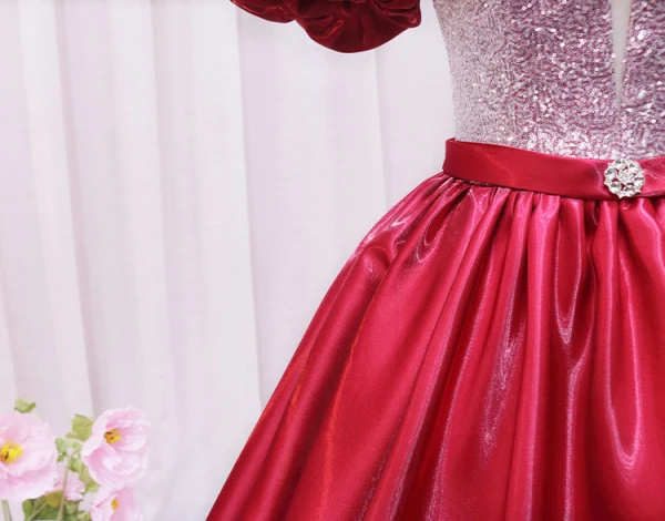 Elegant Burgundy Rhinestone Sequins Prom Dresses 2024 Ball Gown Scoop Neck Puffy Short Sleeve Backless Floor-Length / Long Prom Formal Dresses