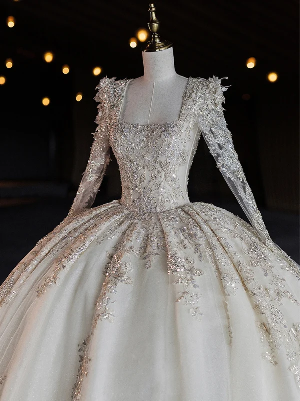 Luxury / Gorgeous Ivory Beading Sequins Satin Wedding Dresses 2024 Ball Gown U-Neck Long Sleeve Backless Royal Train Wedding