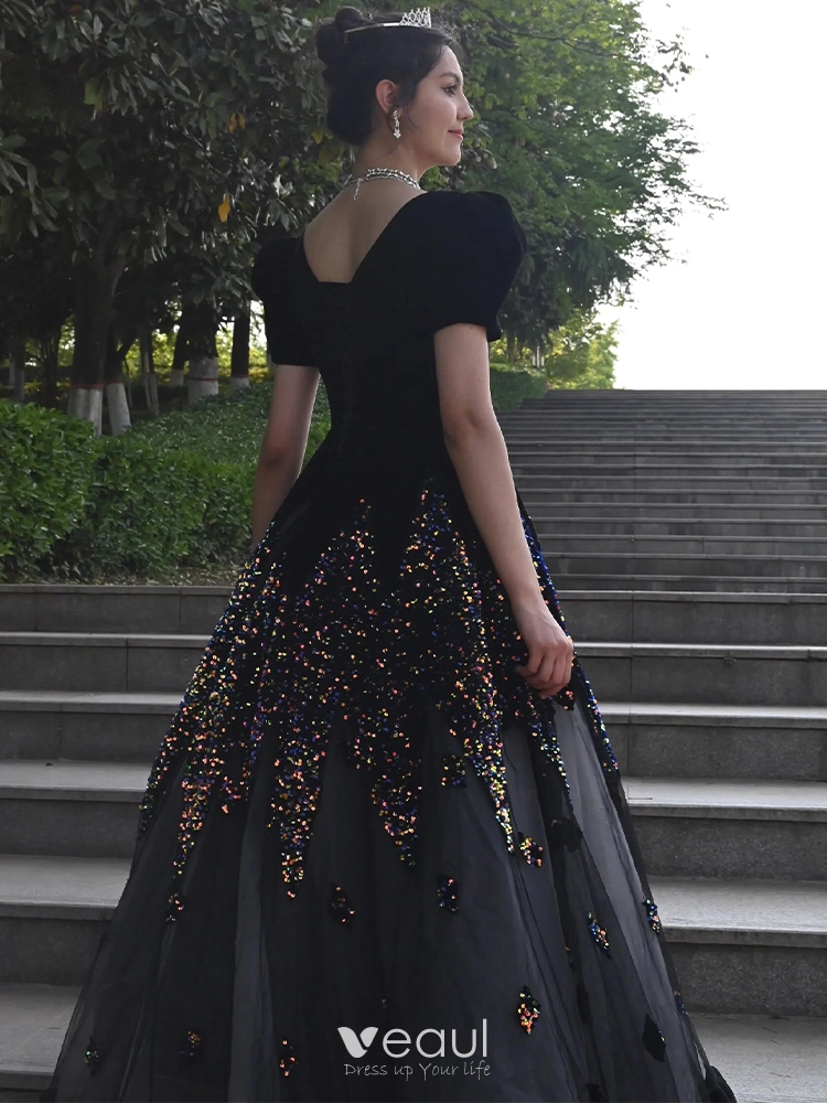 Trendy & Stylish Puff Sleeves Dresses Black Simple Prom Dress cc284