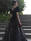 Chic / Beautiful Black Sequins Prom Dresses 2024 Ball Gown V-Neck Puffy Short Sleeve Backless Floor-Length / Long Prom Formal Dresses