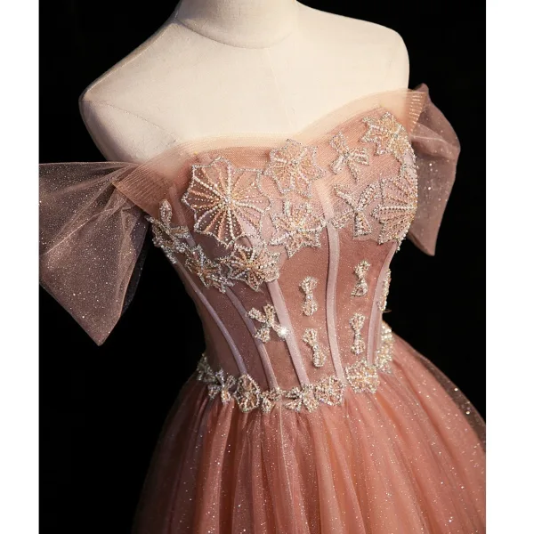 Charmant Pink Farbverlauf Ballkleider 2022 A Linie Off Shoulder Kurze Ärmel Rückenfreies Perlenstickerei Perle Pailletten Lange Festliche Kleider