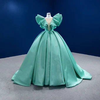 High End Mint Green Prom Dresses 2022 Ball Gown Scoop Neck Puffy Short Sleeve Backless Chapel Train Formal Dresses