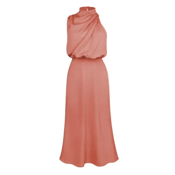 Fashion Beige Street Wear Holiday Women Dresses 2023 High Neck Tea-length Womens Clothing