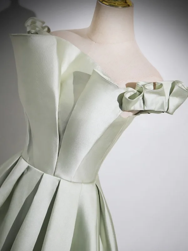 Modest / Simple Sage Green A-Line / Princess Prom Dresses 2024 Off-The-Shoulder Sleeveless Backless Sweep Train Prom Formal Dresses