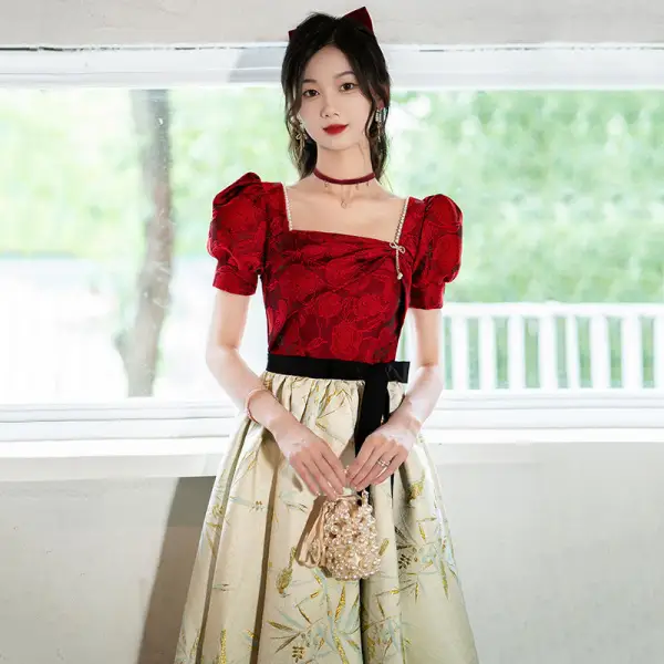 Chic / Belle Bordeaux Robe De Soirée 2022 Princesse Encolure Carrée Manches Courtes Dos Nu Noeud Ceinture Perle Thé Longueur Robe De Ceremonie
