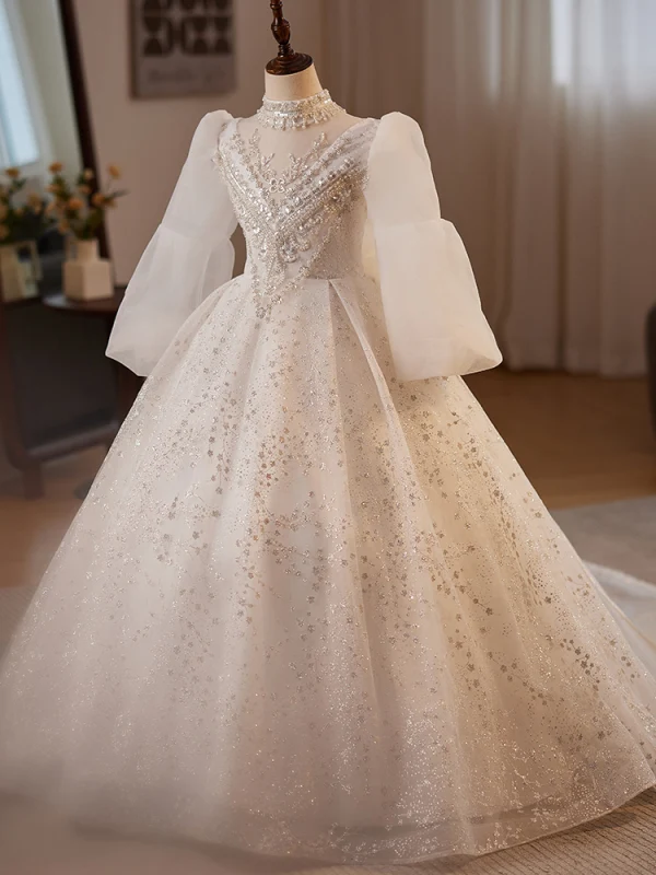 Elegant White Beading Pearl Sequins Birthday Flower Girl Dresses 2024 Ball Gown High Neck Long Sleeve Backless Floor-Length / Long