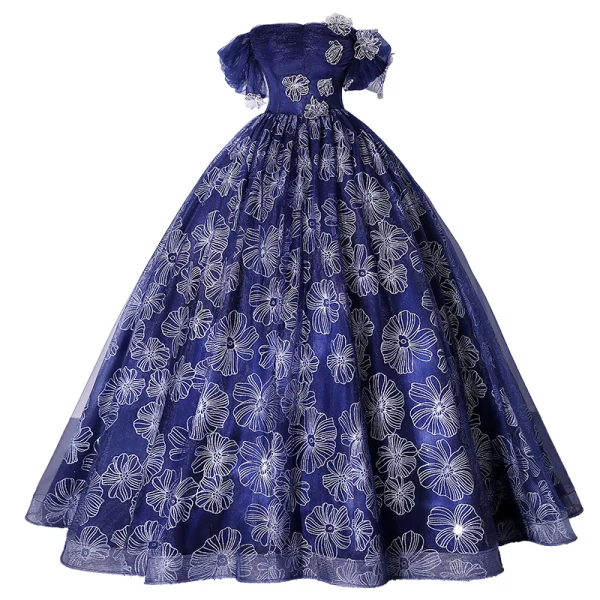 Vintage / Retro Navy Blue Prom Dresses 2022 Ball Gown Off-The-Shoulder Short Sleeve Backless Rhinestone Floor-Length / Long Prom Formal Dresses