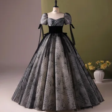 Élégant Noire Impression Robe De Bal 2024 Robe Boule Encolure Carrée Manches Courtes Dos Nu Longue Promo Robe De Ceremonie