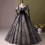 Elegant Black Printing Prom Dresses 2024 Ball Gown Square Neckline Short Sleeve Backless Floor-Length / Long Prom Formal Dresses