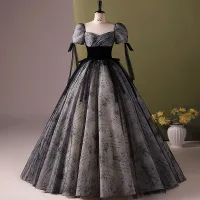 Elegantes Negro Impresión Vestidos de gala 2024 Ball Gown Escote Cuadrado Manga Corta Sin Espalda Largos Gala Vestidos Formales