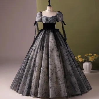 Elegantes Negro Impresión Vestidos De Gala 2024 Ball Gown Escote Cuadrado Manga Corta Sin Espalda Largos Gala Vestidos Formales