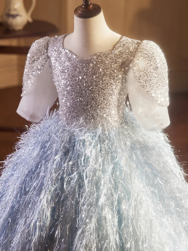 Charming Sky Blue Beading Sequins Tassel Birthday Flower Girl Dresses 2024 Ball Gown Scoop Neck Short Sleeve Backless Floor-Length / Long