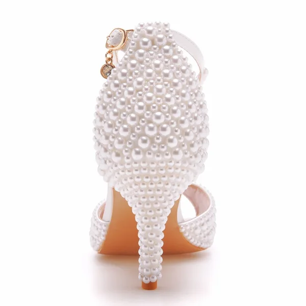 Chic / Beautiful White Pearl Wedding Shoes 2023 Ankle Strap 7 cm Stiletto Heels Open / Peep Toe Wedding Sandals High Heels