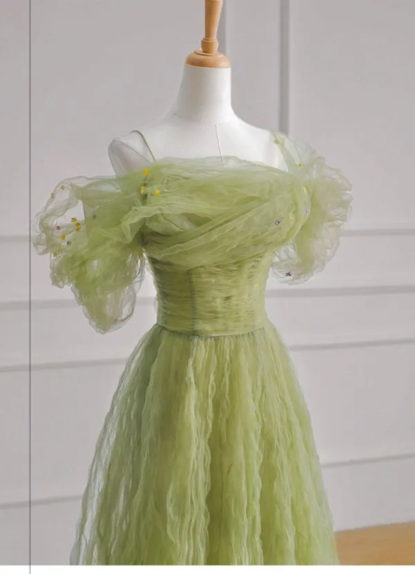 Fashion Sage Green Sequins Ruffle Prom Dresses 2025 A-Line / Princess Off-The-Shoulder Short Sleeve Backless Floor-Length / Long Prom Formal Dresses