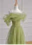 Fashion Sage Green Sequins Ruffle Prom Dresses 2025 A-Line / Princess Off-The-Shoulder Short Sleeve Backless Floor-Length / Long Prom Formal Dresses