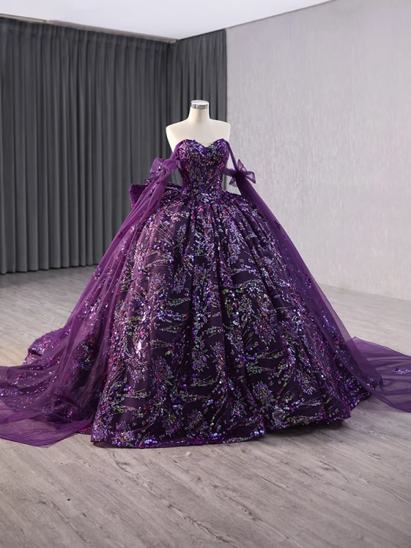 Sparkly Vintage Purple Paljetter Ballkjoler 2024 Ballkjole Kjæreste Uten Ermer Ryggløse Sløyfe Domstol Tog Ball Formelle Kjoler