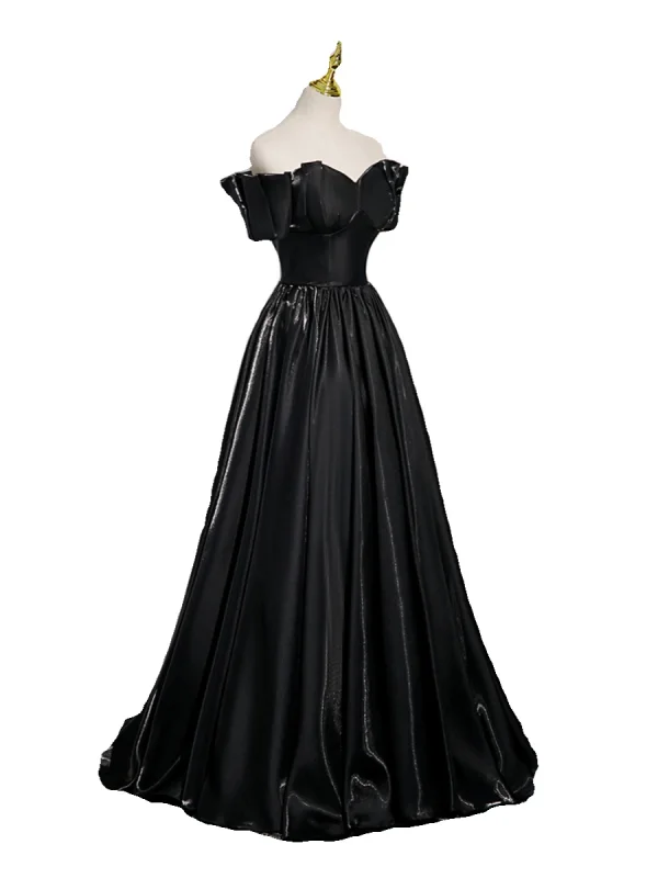 Chic / Belle Noire Satin Robe De Bal 2023 Princesse De l'épaule Manches Courtes Dos Nu Longue Promo Robe De Ceremonie