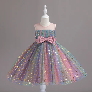 Bling Bling Blushing Pink Star Sequins Birthday Short Flower Girl Dresses 2024 Ball Gown Scoop Neck Sleeveless Bow Sash