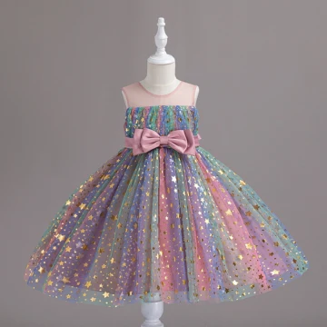Bling Bling Rougissant Rose Étoile Paillettes Anniversaire Courte Robe Ceremonie Fille 2024 Robe Boule Encolure Dégagée Sans Manches Noeud Ceinture