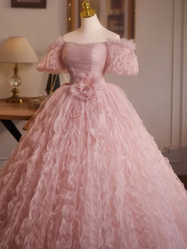 Chic / Beautiful Blushing Pink Beading Ruffle Prom Dresses 2025 Ball Gown Off-The-Shoulder Short Sleeve Backless Floor-Length / Long Prom Formal Dresses