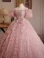 Chic / Beautiful Blushing Pink Beading Ruffle Prom Dresses 2025 Ball Gown Off-The-Shoulder Short Sleeve Backless Floor-Length / Long Prom Formal Dresses