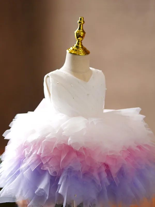 Schöne Multifarben Perle Kurze Fallende Rüsche Geburtstag Blumenmädchenkleider 2023 Ballkleid V-Ausschnitt Ärmellos
