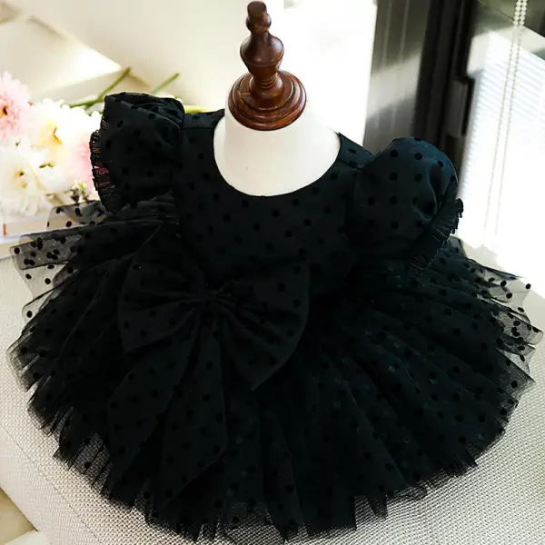 Chic / Beautiful Black Spotted Short Birthday Flower Girl Dresses 2022 Ball Gown Scoop Neck Puffy Short Sleeve Bow Flower Girl Dresses