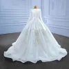 High-end Ivory Satin Lace Flower Wedding Dresses 2022 Ball Gown Scoop Neck Long Sleeve Court Train Wedding