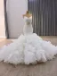 Charming Luxury / Gorgeous White Beading Pearl Rhinestone Cascading Ruffles Wedding Dresses 2025 Trumpet / Mermaid Strapless Sleeveless Backless Royal Train Wedding