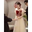 Chinese style Burgundy Beading Sequins Lace Flower Prom Dresses 2023 A-Line / Princess High Neck Short Sleeve Floor-Length / Long Prom Formal Dresses