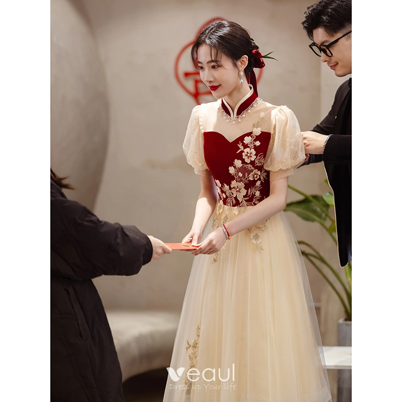 Chinese style Burgundy Beading Sequins Lace Flower Prom Dresses 2023 A Line Princess High Neck Short