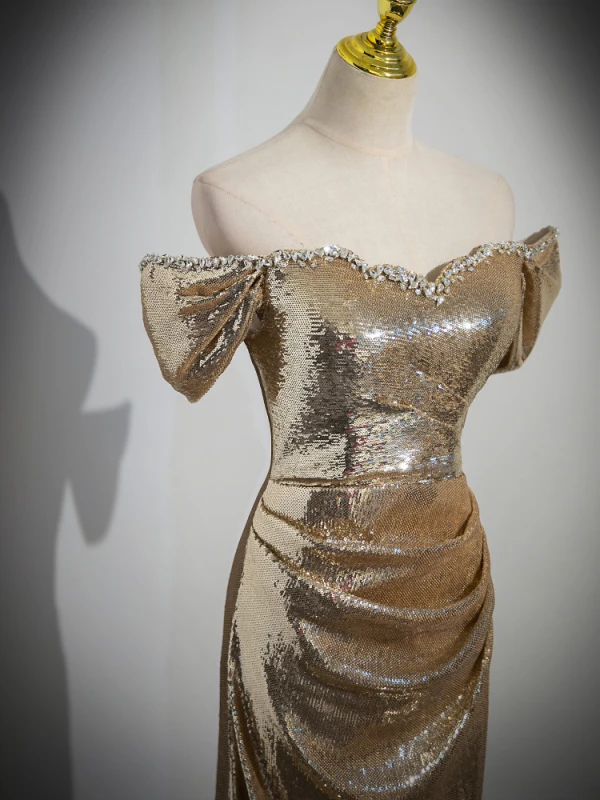 Scintillantes Doré Paillettes Robe De Soirée 2023 Trompette / Sirène De l'épaule Manches Courtes Dos Nu Train De Balayage Soirée Robe De Ceremonie